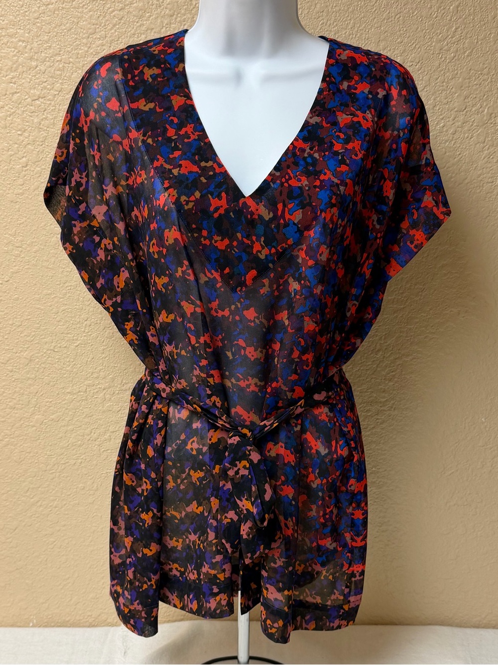 4/$20 CAbi Sheer V-Neck Tunic Blouse in Black with Red & Blue Floral Print